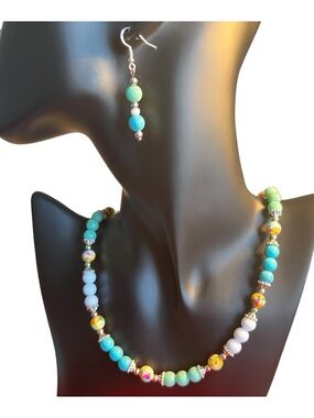 Turquoise & Multicolor Beaded Necklace and Earring Set